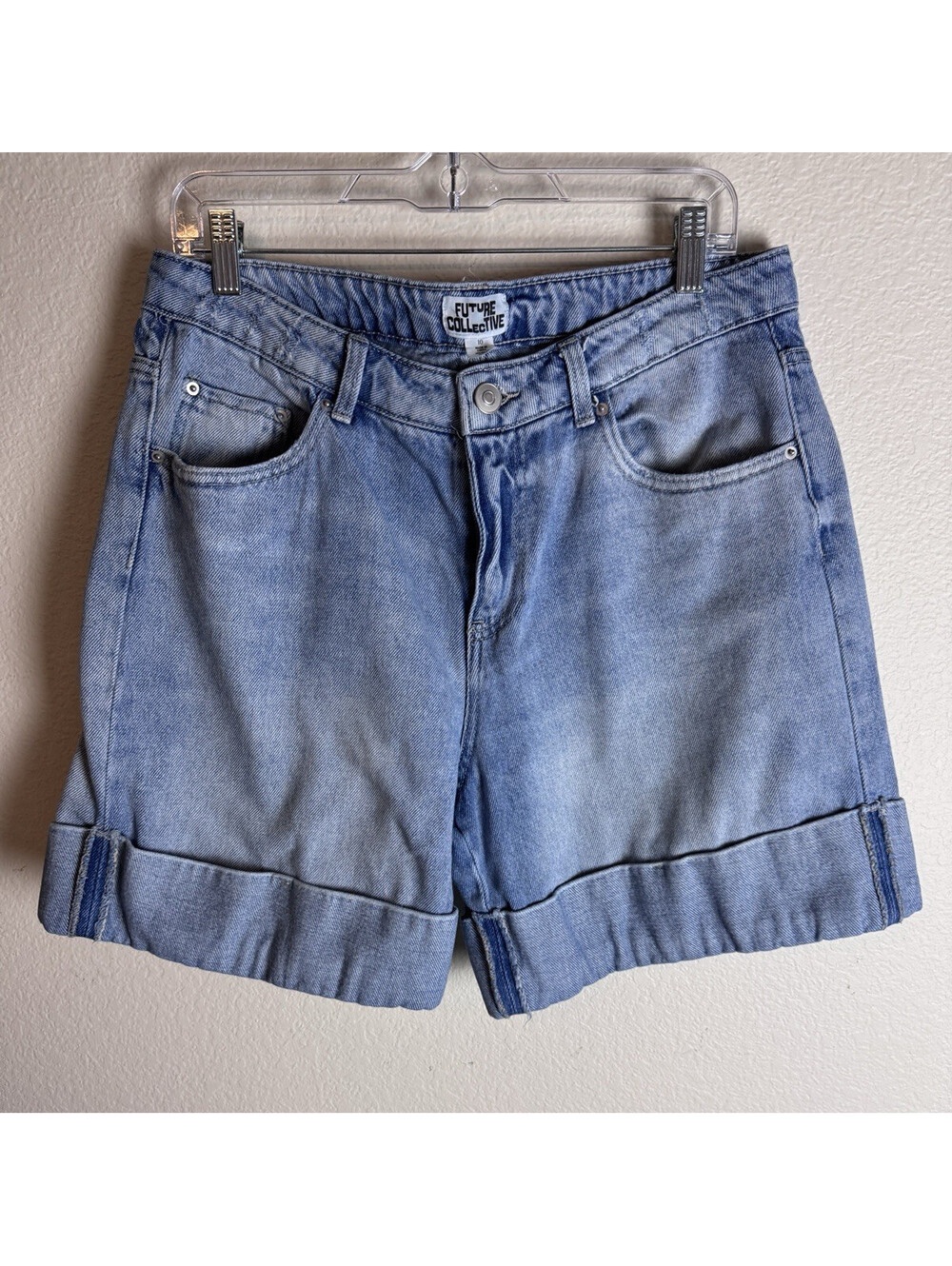 Future Collective Women’s Light Wash Blue Cuffed Denim Shorts Size 10 Cotton